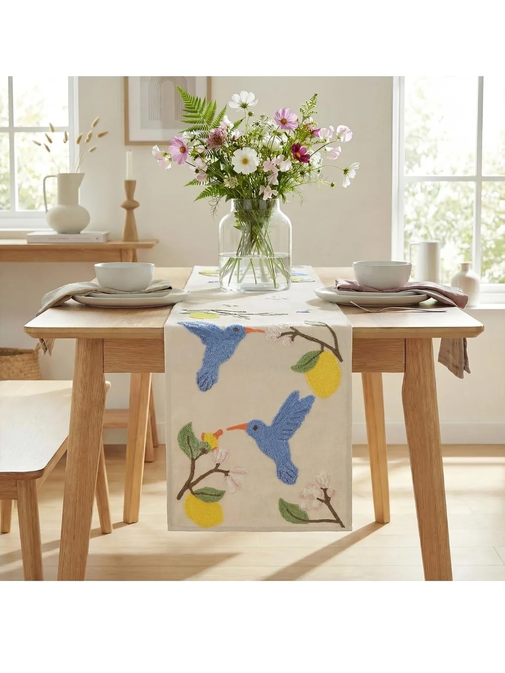 Embroidered Hummingbird Table Runner with Lemons - Blue on Cream